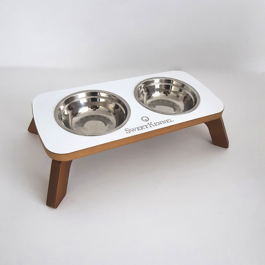 Comedero Doble Base De Madera Y Cazuelas De Acero Inoxidable Blondi 